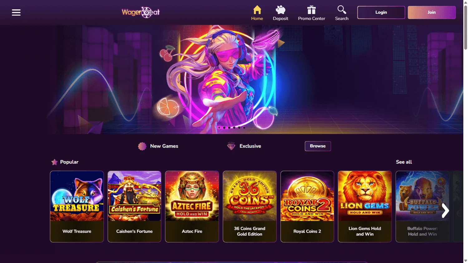 Wager Beat Casino desktop home with pokies and live casino categories