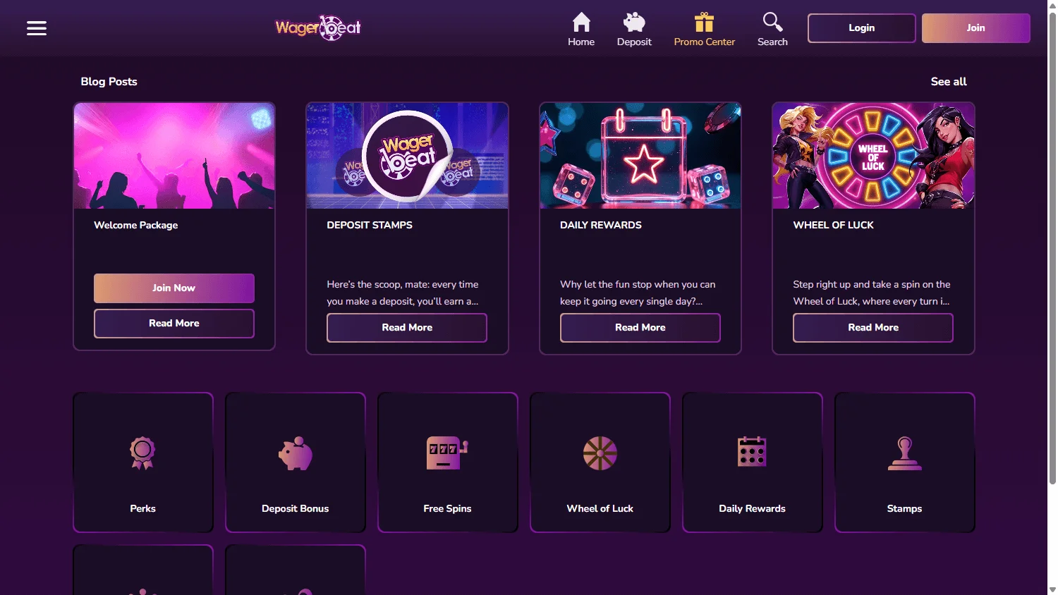 Wager Beat Casino desktop promotions with welcome offer and free spins