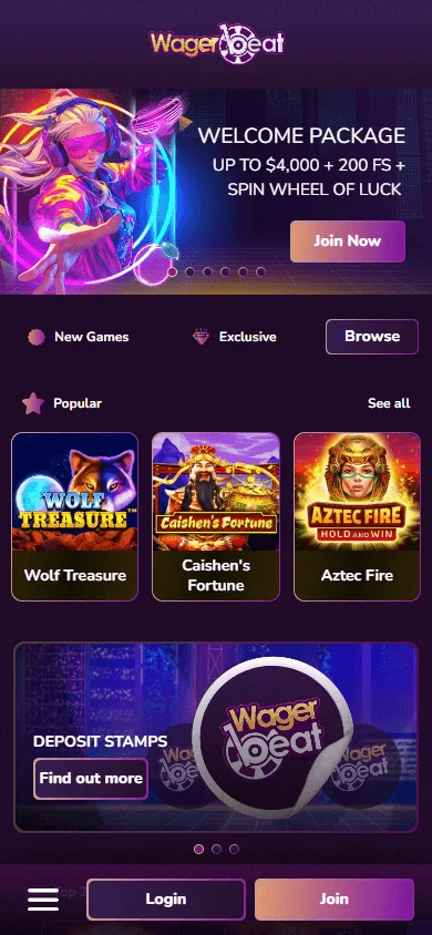 Wager Beat Casino mobile browser home on an iOS or Android device
